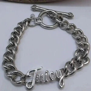 Juicy Couture Silvertone Chain Link Bracelet Toggle Clasp Juicy Charm